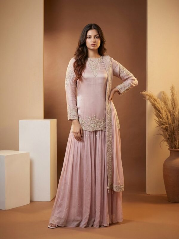 Designer Pink Sharara Suit with Intricate Embroidery | Guru Nanak Fabrics