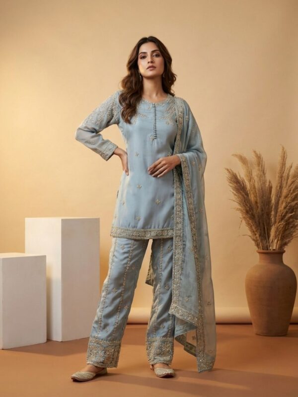 Designer Pastel Blue Straight Suit with Dupatta | Guru Nanak Fabrics