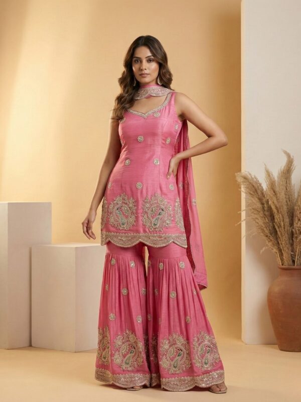 Rose Pink Embroidered Sharara Suit Set | Luxury Festive Wear – Guru Nanak Fabrics