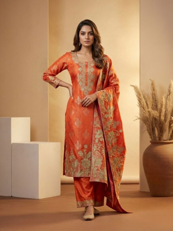 Rust Orange Embroidered Suit Set for Women | Luxury Festive Wear – Guru Nanak Fabrics