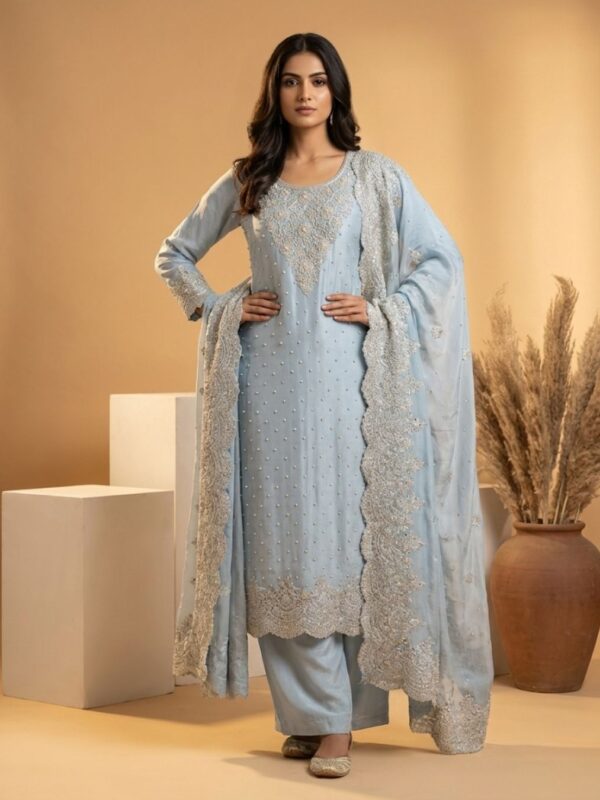 Powder Blue Embroidered Suit Set for Women | Luxury Wedding Wear – Guru Nanak Fabrics