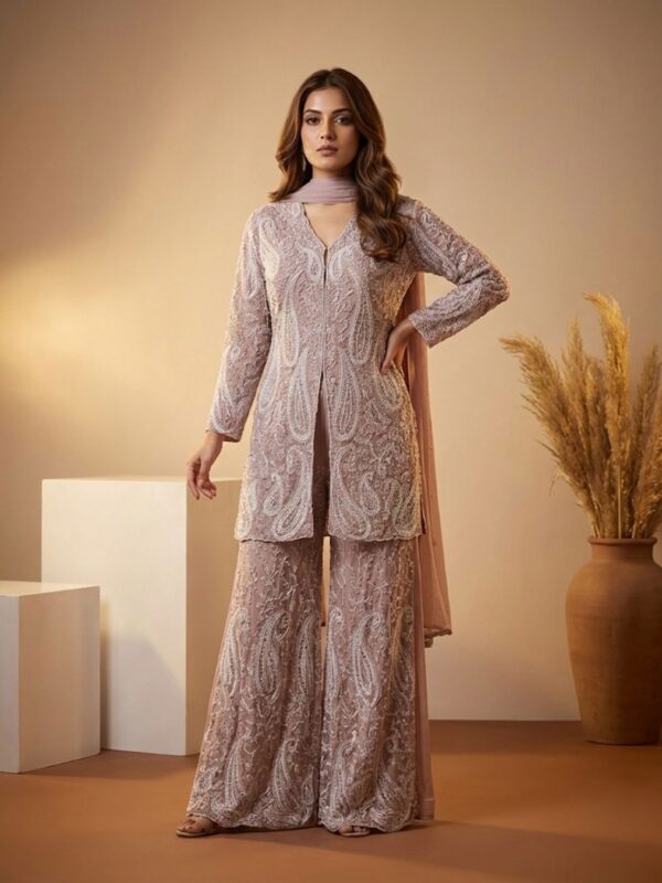 Dusty Mauve Embroidered Co-Ord Set | Luxury Couture Wear – Guru Nanak Fabrics