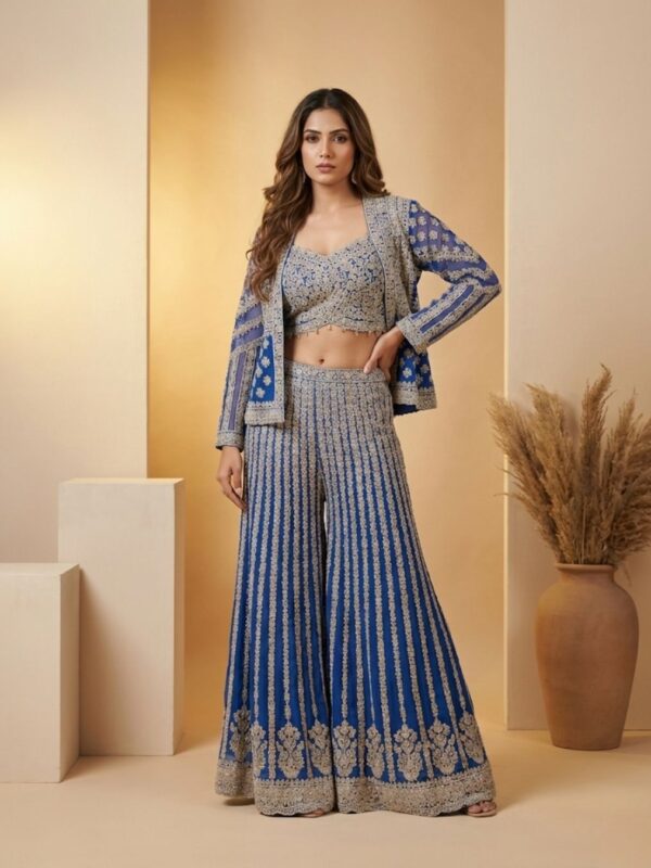 Royal Blue Embroidered Lehenga Co-Ord Set with Jacket | Luxury Bridal Couture – Guru Nanak Fabrics