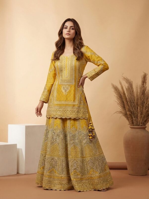 Mustard Yellow Embroidered Sharara Set | Luxury Custom Couture – Guru Nanak Fabrics