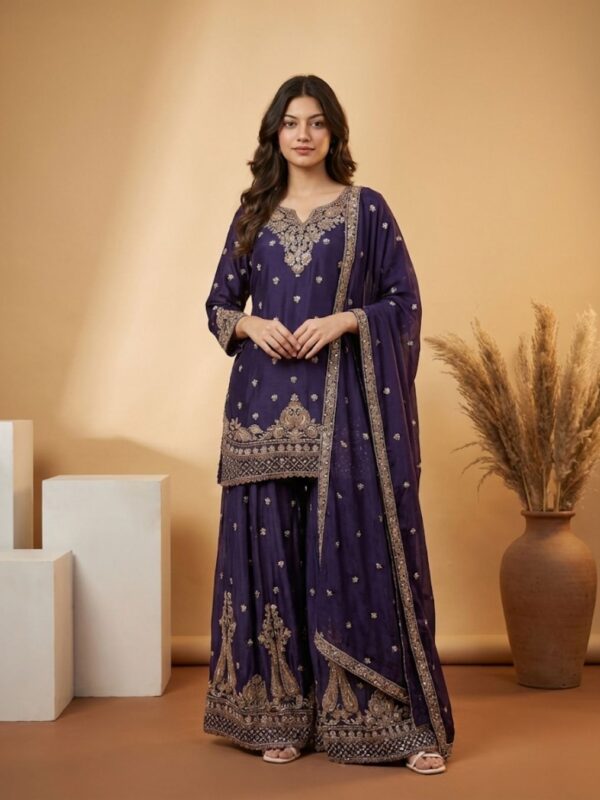 Royal Purple Embroidered Sharara Set | Luxury Custom Couture – Guru Nanak Fabrics