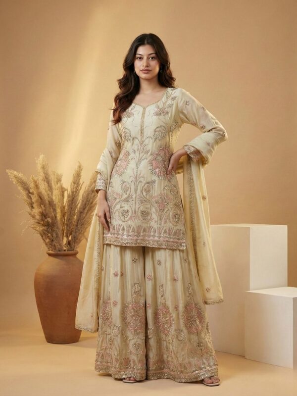 Designer Ivory Sharara Suit with Intricate Embroidery | Guru Nanak Fabrics
