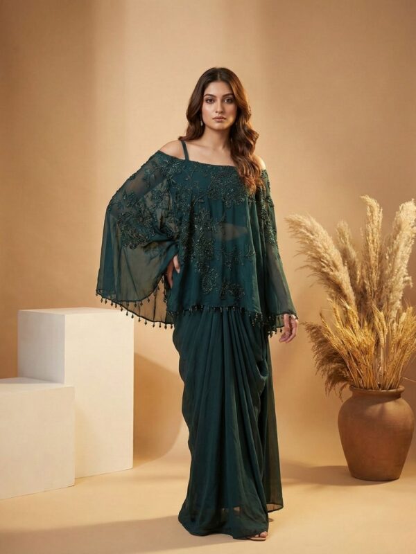 Contemporary Emerald Green Saree with Embroidered Cape | Guru Nanak Fabrics